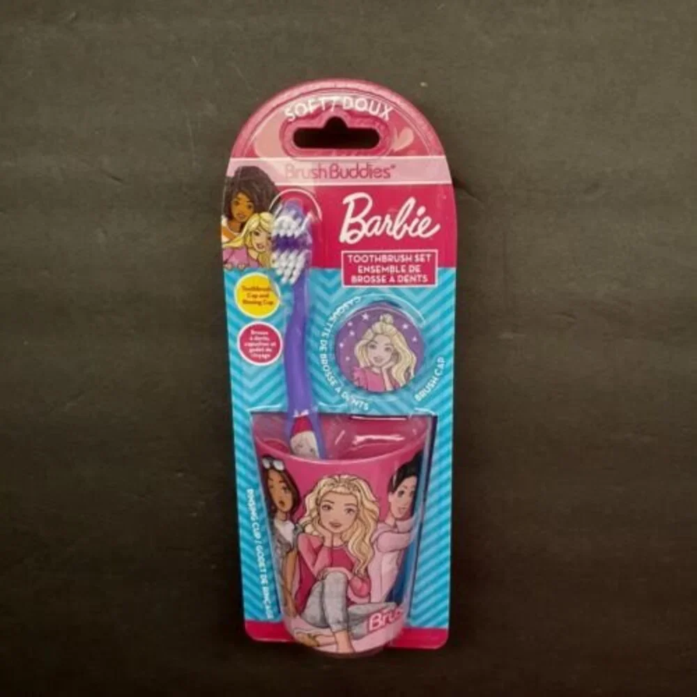 Mattel Barbie Brush Buddies Toothbrush 3 Piece Set Rinsing Cup Toothbrush Cap